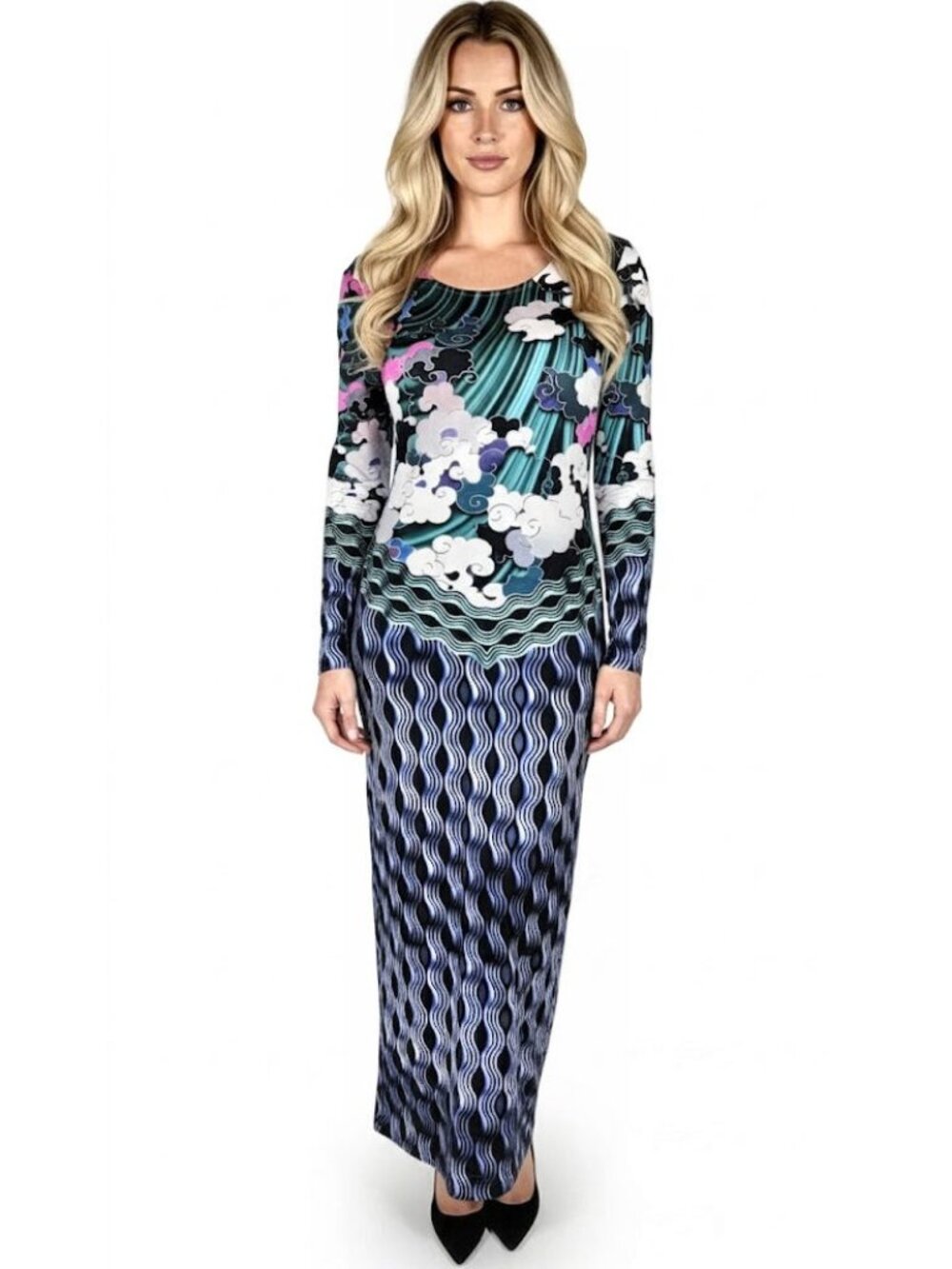Mary Katrantzou Cloud Print Long Sleeve Jersey Bodycon Midi Dress Size M